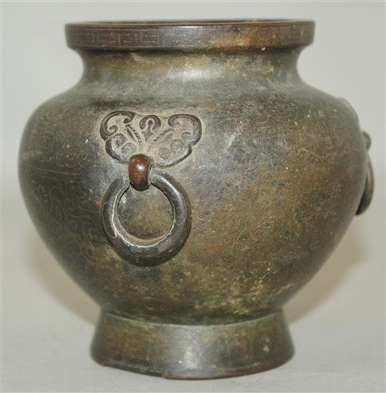 A Chinese bronze and silver inlaid ovoid jar, 16th / 17th century, 10.5cm